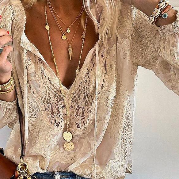 Vivien Blouse Femme – Elegantní halenka z krajky s mašlí a průhlednými detaily