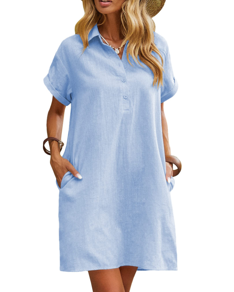 Sukienka Raine Chemise Damska – Sukienka z Lnu i Bawełny, Midi, z Guzikami, Dekolt V, Kieszenie, Casual Chic, Letnia
