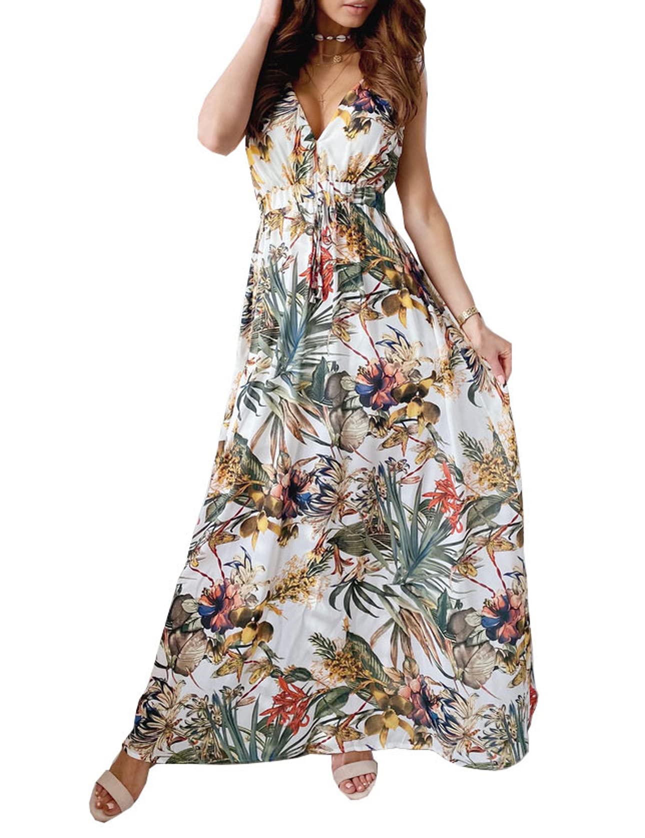 Windy Robe Maxi Dame – V-hals Ermeløs, Justerbar Midje & Flytende Snitt Dobbel Fôr Sommer