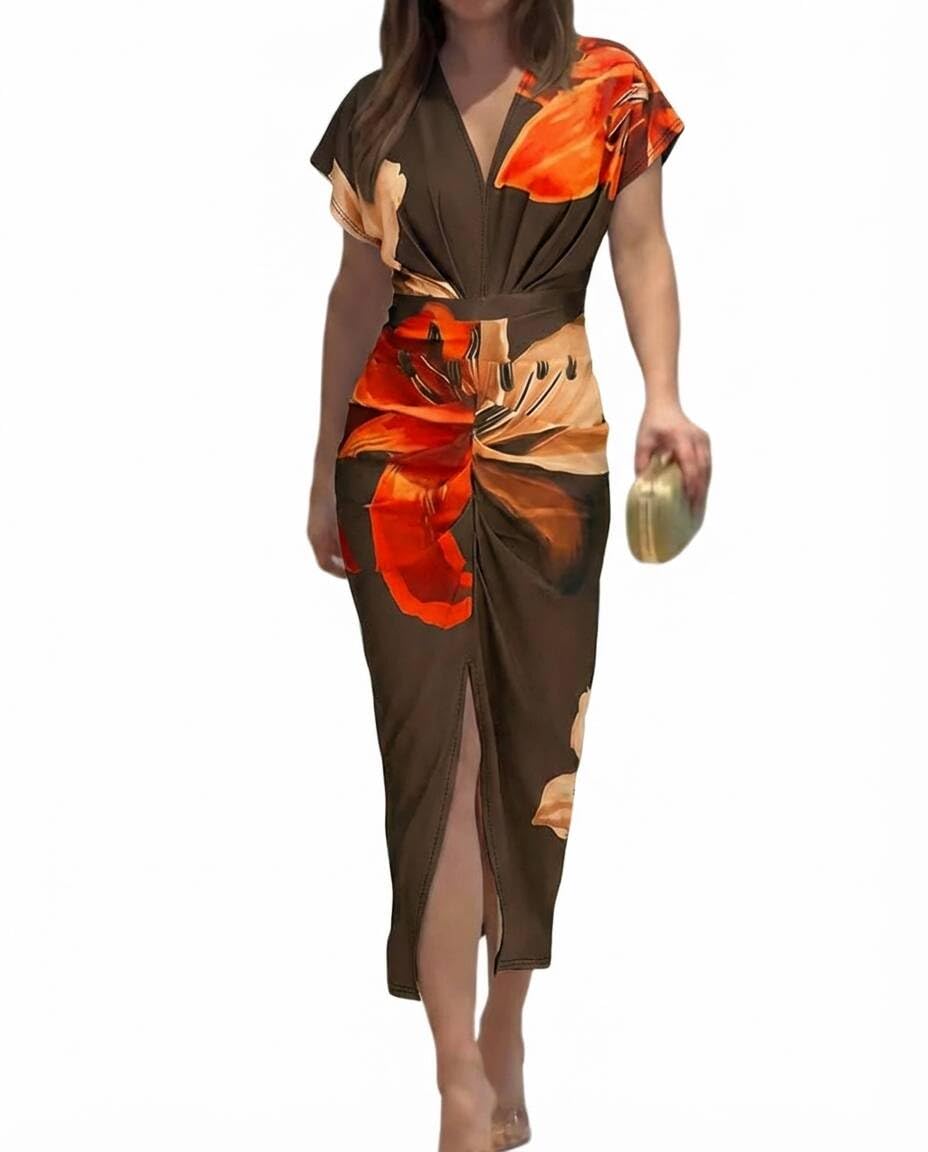 Women's Chinee Robe – Deep V Neck, Ruched Bodycon Midi Cut & Elegant Slit
