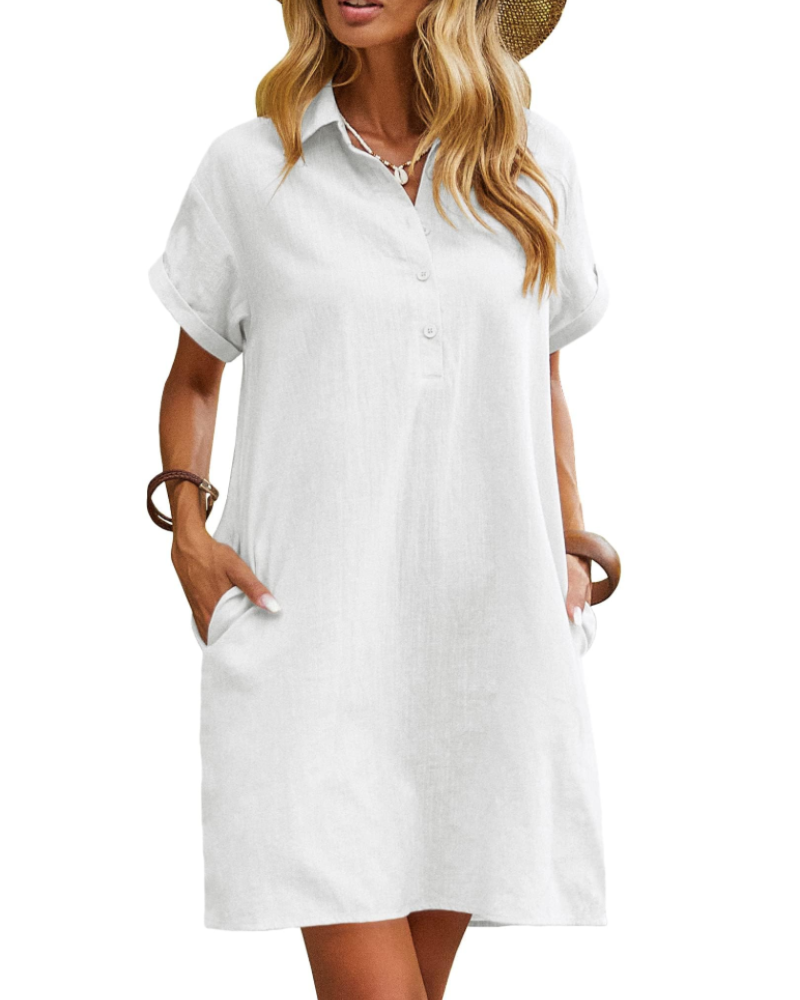 Sukienka Raine Chemise Damska – Sukienka z Lnu i Bawełny, Midi, z Guzikami, Dekolt V, Kieszenie, Casual Chic, Letnia