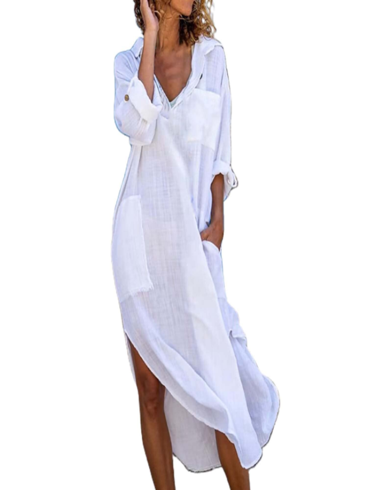 Lindy Damen-Nachthemd – Lange Knopfleiste aus Baumwoll-Leinen mit verstellbarer Taille, elegant & lässig