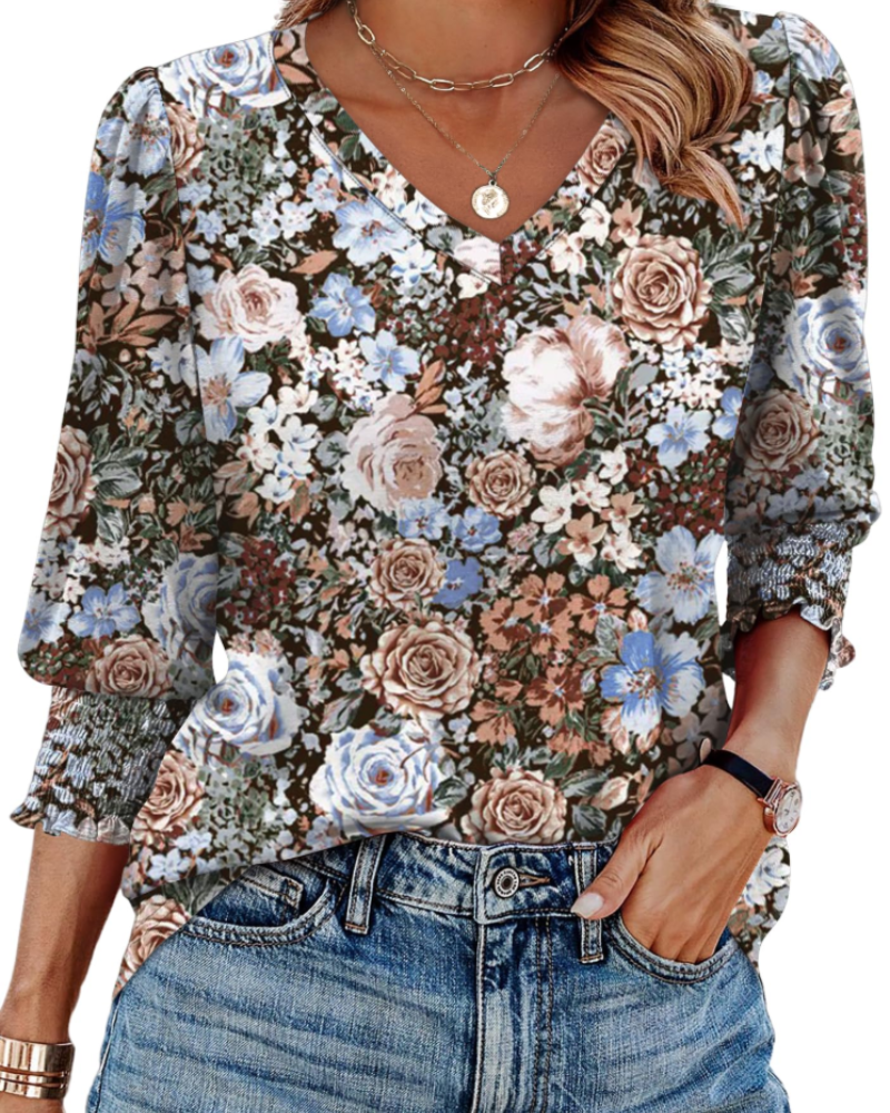 Veda Blouse Femme – Top Col V Manches 3/4 Bouffantes & Poignets Smockés Chic