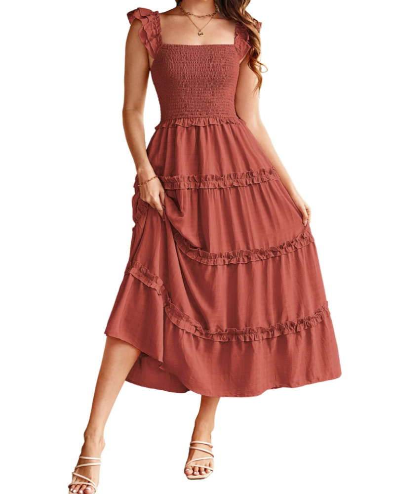Bea Robe Maxi Femme – Robe A-Line Taille Smockée, Fente & Poches Élégante