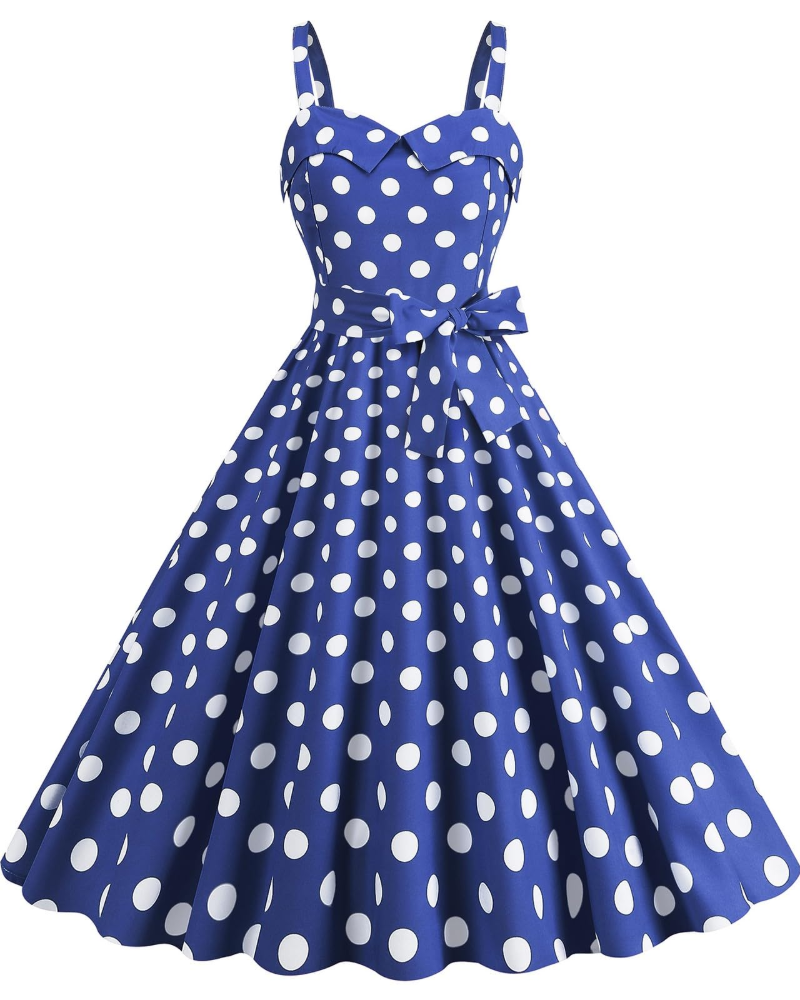 Rosie Robe Femme – Robe Midi Vintage Pois Col V Sans Manches Taille Haute Rockabilly Chic