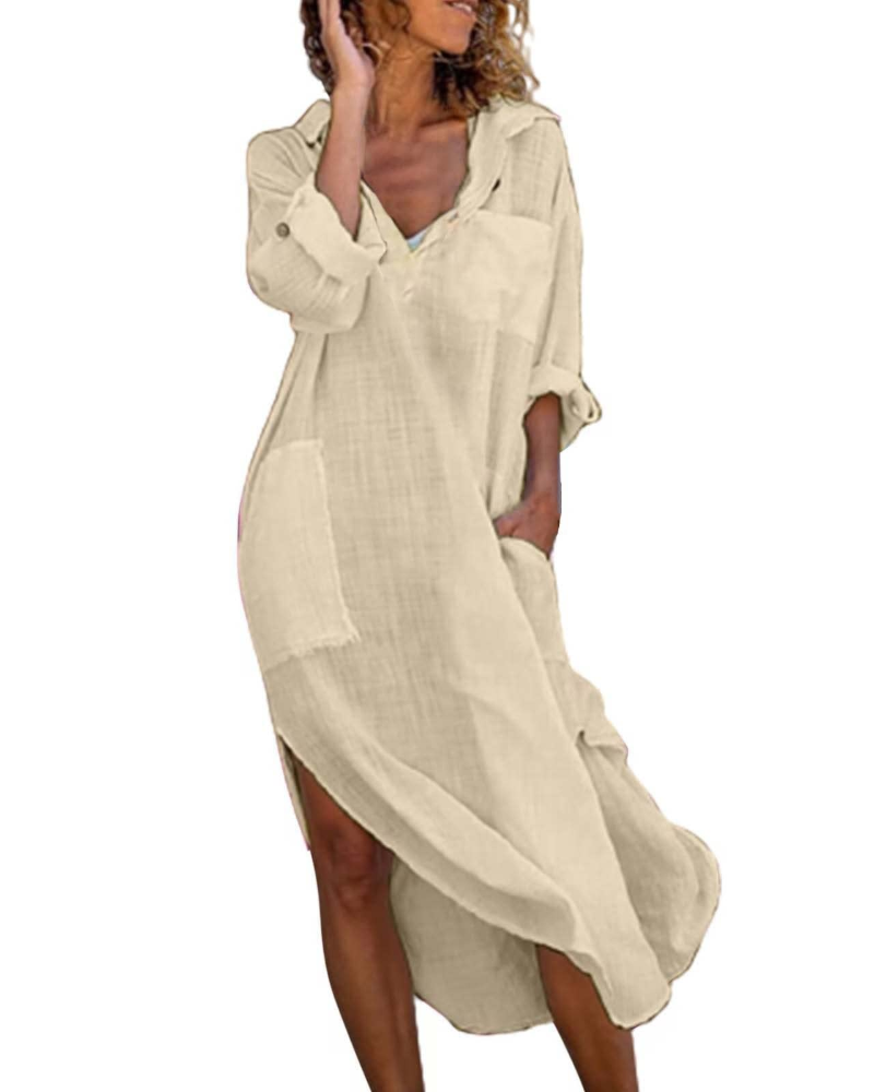 Lindy Damen-Nachthemd – Lange Knopfleiste aus Baumwoll-Leinen mit verstellbarer Taille, elegant & lässig