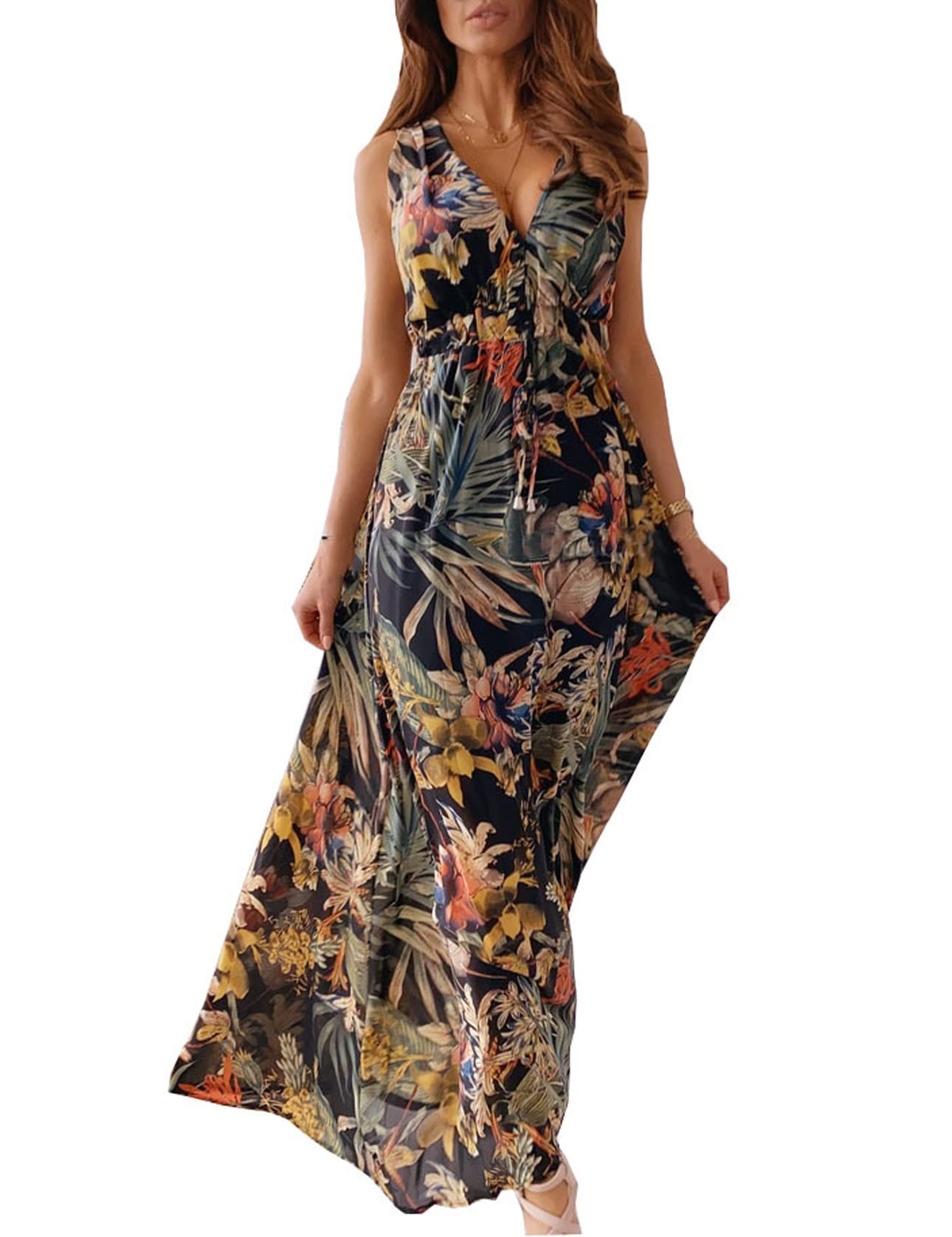 Windy Robe Maxi Dame – V-hals Ermeløs, Justerbar Midje & Flytende Snitt Dobbel Fôr Sommer