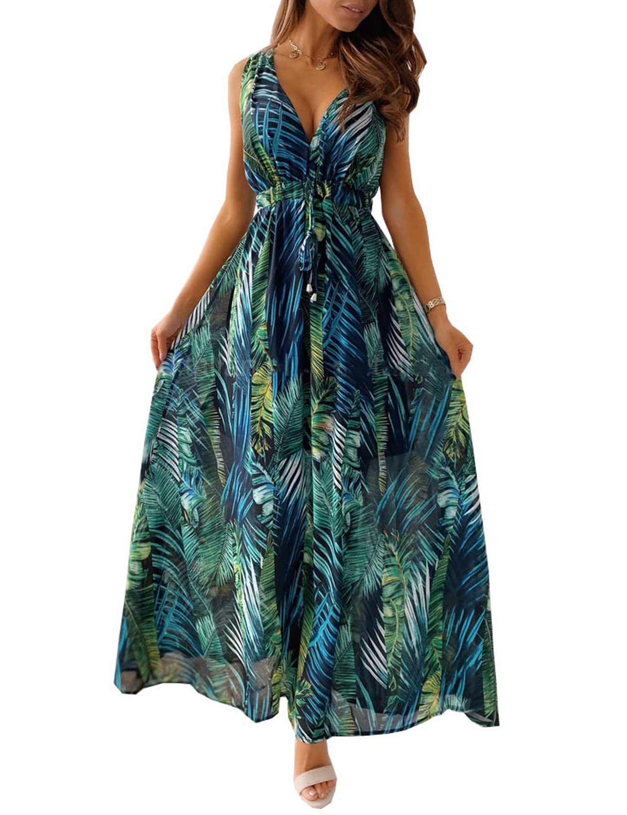 Windy Robe Maxi Dame – V-hals Ermeløs, Justerbar Midje & Flytende Snitt Dobbel Fôr Sommer