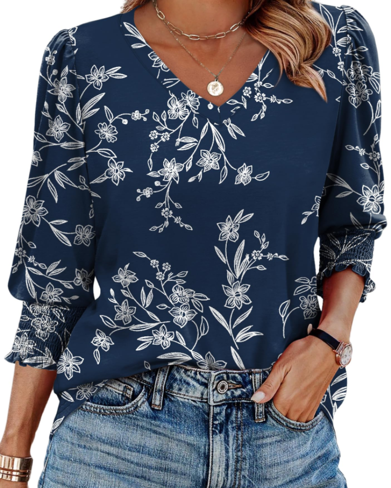 Veda Blouse Femme – Top Col V Manches 3/4 Bouffantes & Poignets Smockés Chic