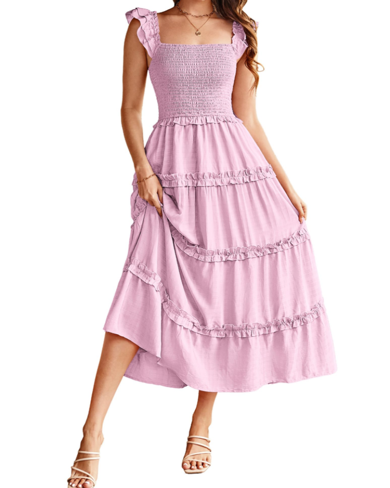 Bea Robe Maxi Femme – Robe A-Line Taille Smockée, Fente & Poches Élégante