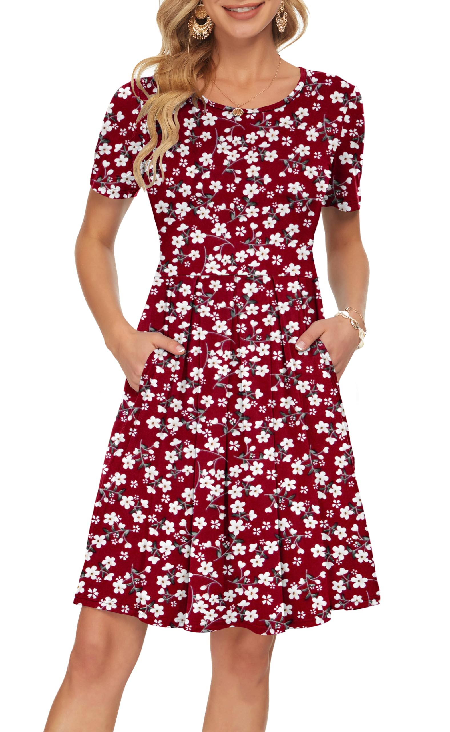 Sylphine Damenkleid – Kurze Ärmel, Weite Plissierte Passform & Taschen Knielang