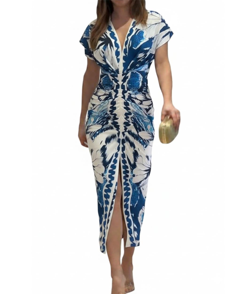 Women's Chinee Robe – Deep V Neck, Ruched Bodycon Midi Cut & Elegant Slit