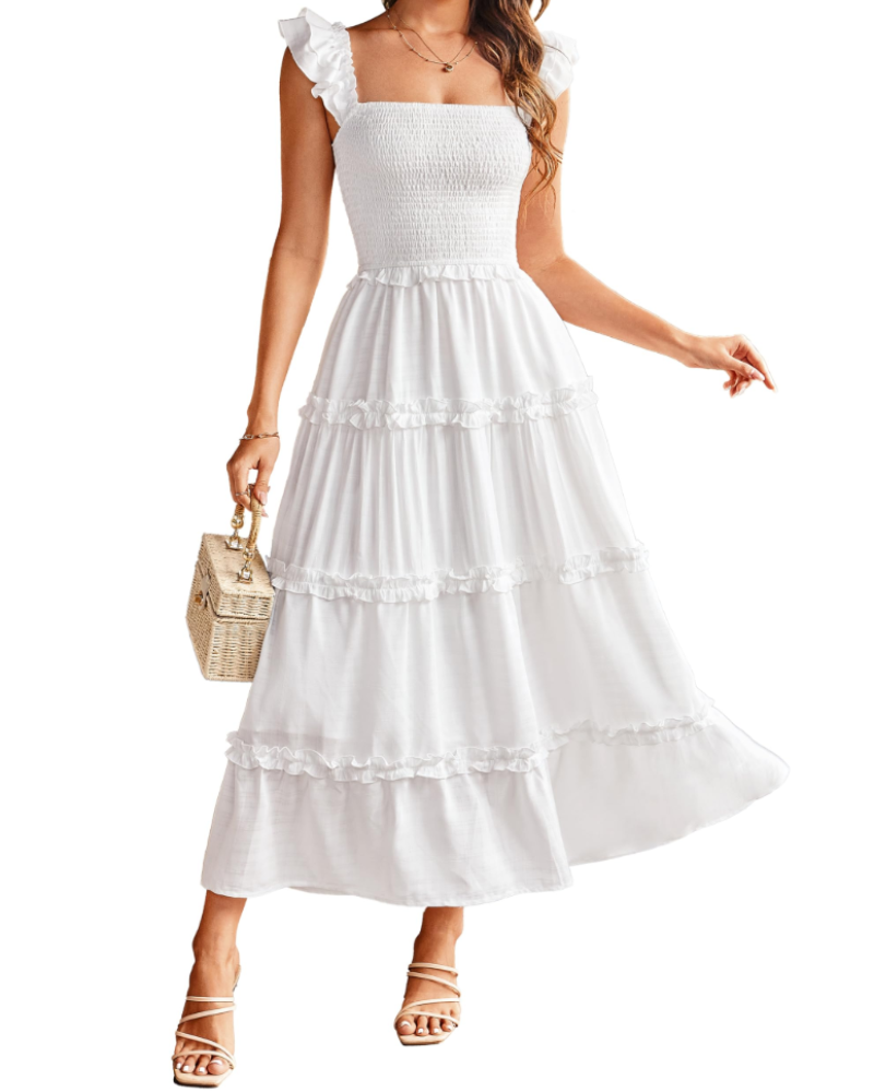 Bea Robe Maxi Femme – Robe A-Line Taille Smockée, Fente & Poches Élégante