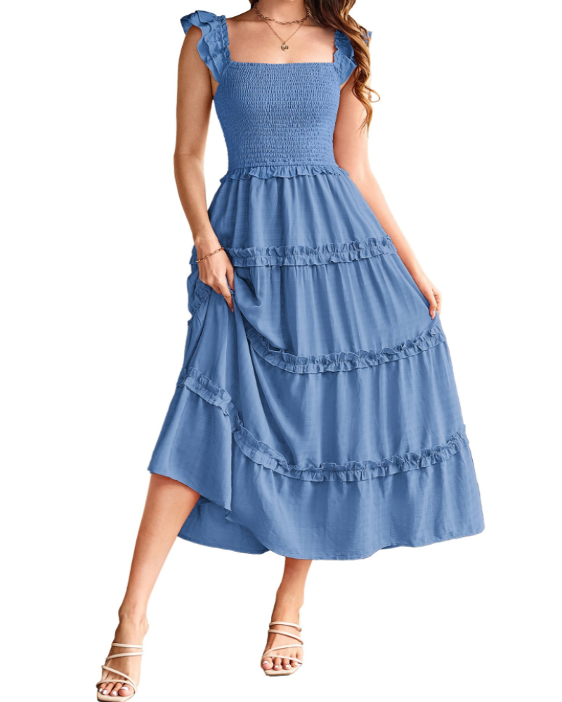 Bea Robe Maxi Femme – Robe A-Line Taille Smockée, Fente & Poches Élégante