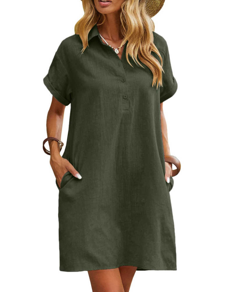 Sukienka Raine Chemise Damska – Sukienka z Lnu i Bawełny, Midi, z Guzikami, Dekolt V, Kieszenie, Casual Chic, Letnia