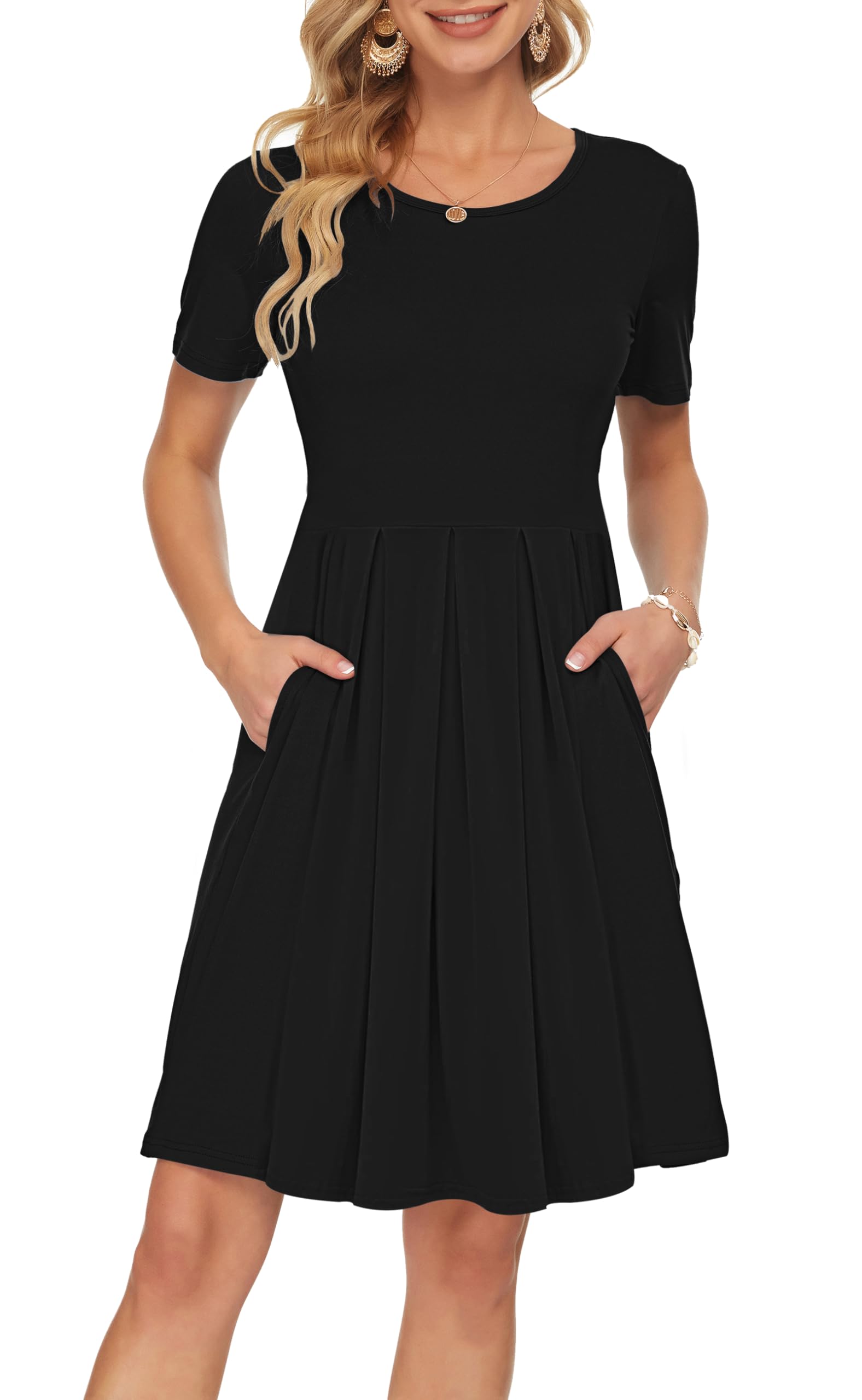Sylphine Damenkleid – Kurze Ärmel, Weite Plissierte Passform & Taschen Knielang