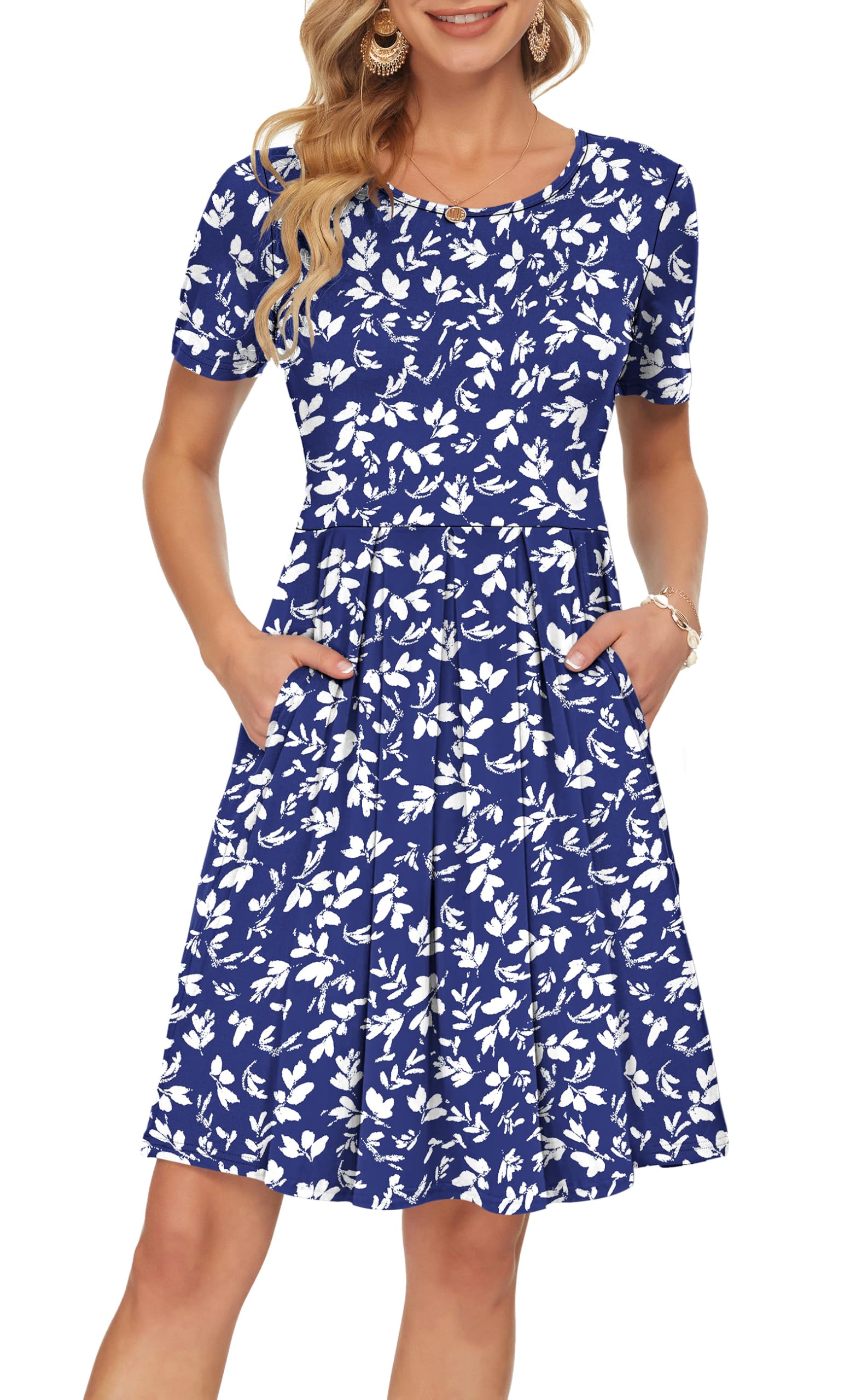 Sylphine Damenkleid – Kurze Ärmel, Weite Plissierte Passform & Taschen Knielang