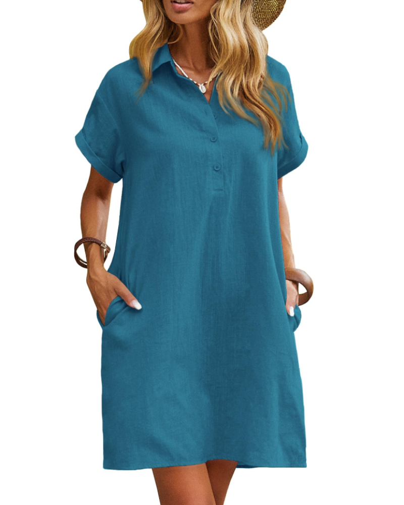 Sukienka Raine Chemise Damska – Sukienka z Lnu i Bawełny, Midi, z Guzikami, Dekolt V, Kieszenie, Casual Chic, Letnia