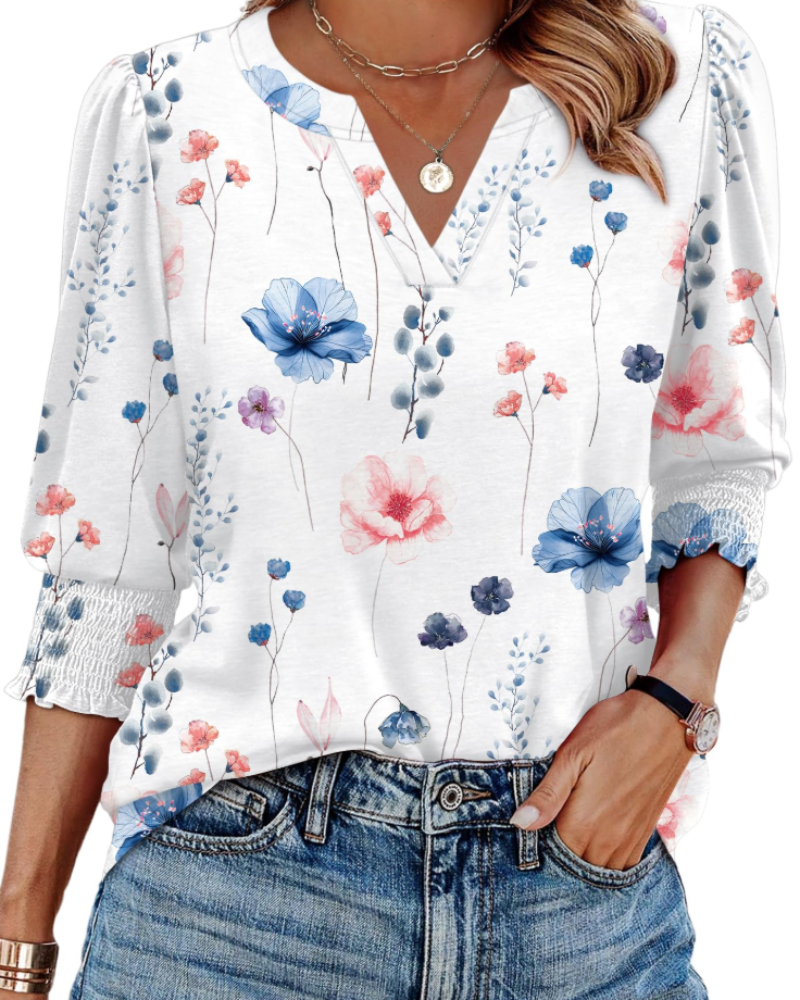 Veda Blouse Femme – Top Col V Manches 3/4 Bouffantes & Poignets Smockés Chic