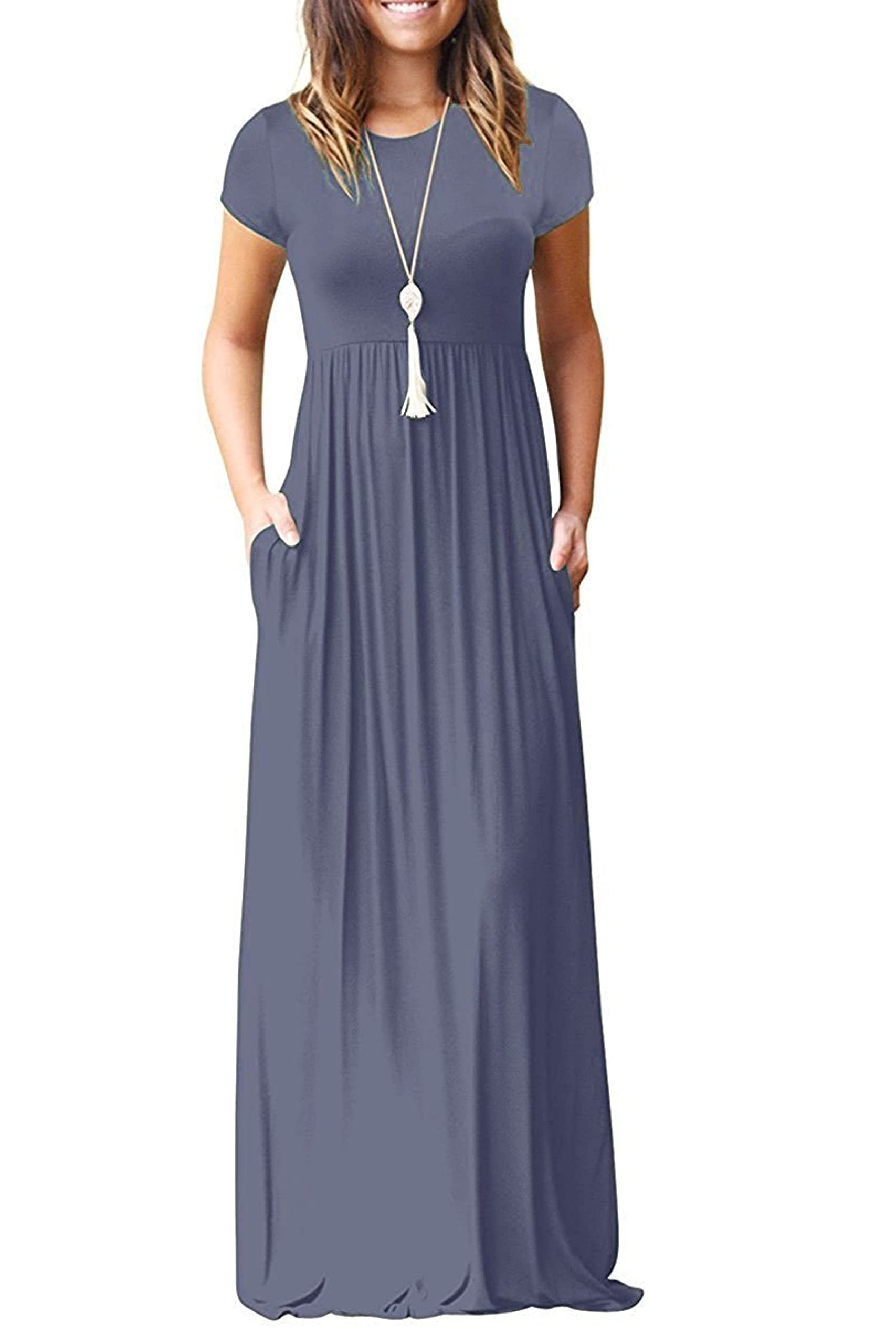 Bridget Maxikleid für Damen – Rundhalsausschnitt Uni, Fließender Schnitt & Hohe Taille mit Taschen Sommer