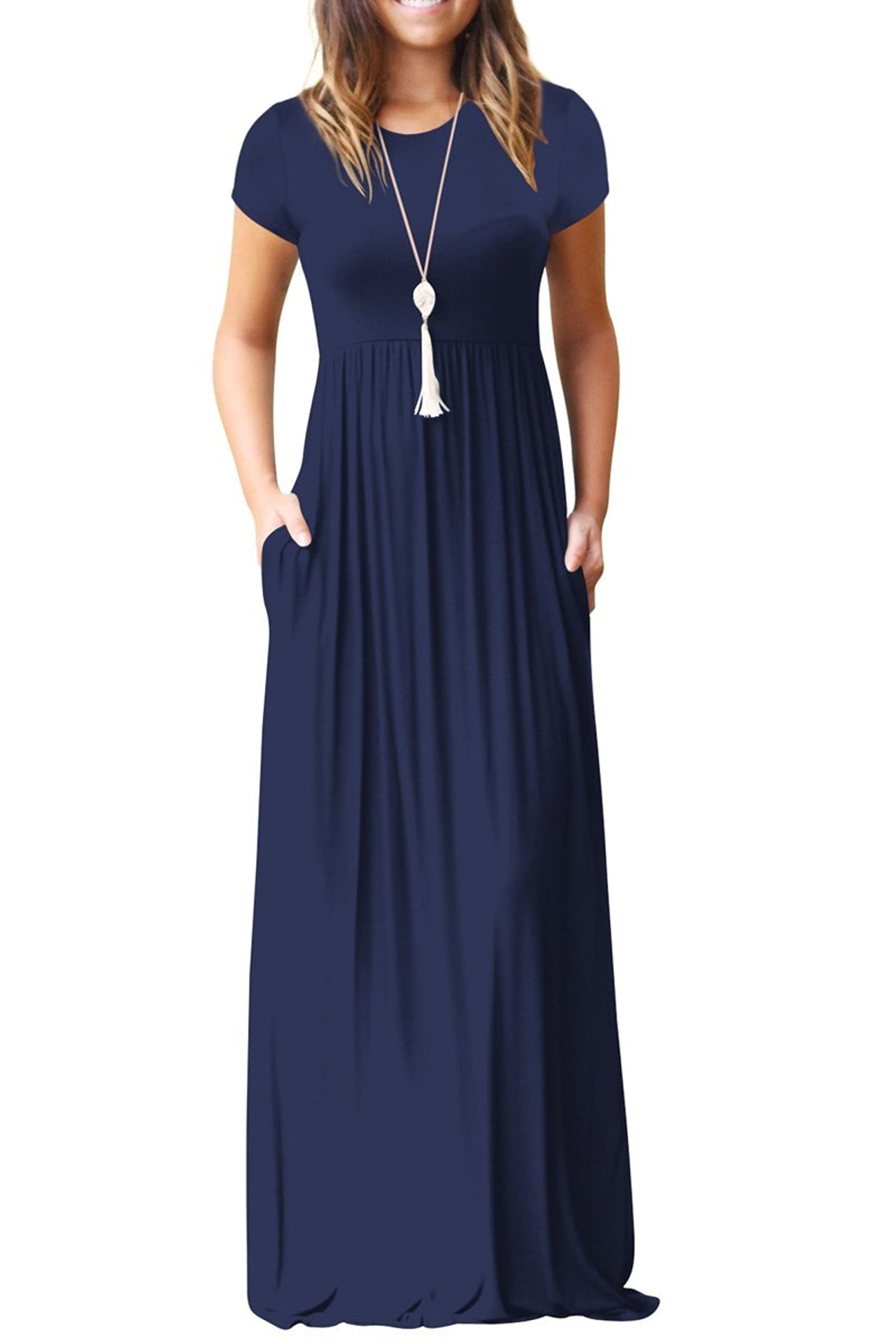 Bridget Maxikleid für Damen – Rundhalsausschnitt Uni, Fließender Schnitt & Hohe Taille mit Taschen Sommer
