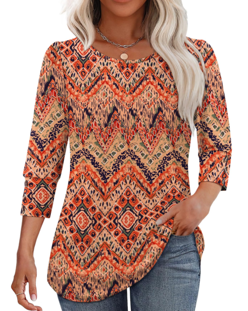 Veda Blouse Femme – Top Col V Manches 3/4 Bouffantes & Poignets Smockés Chic