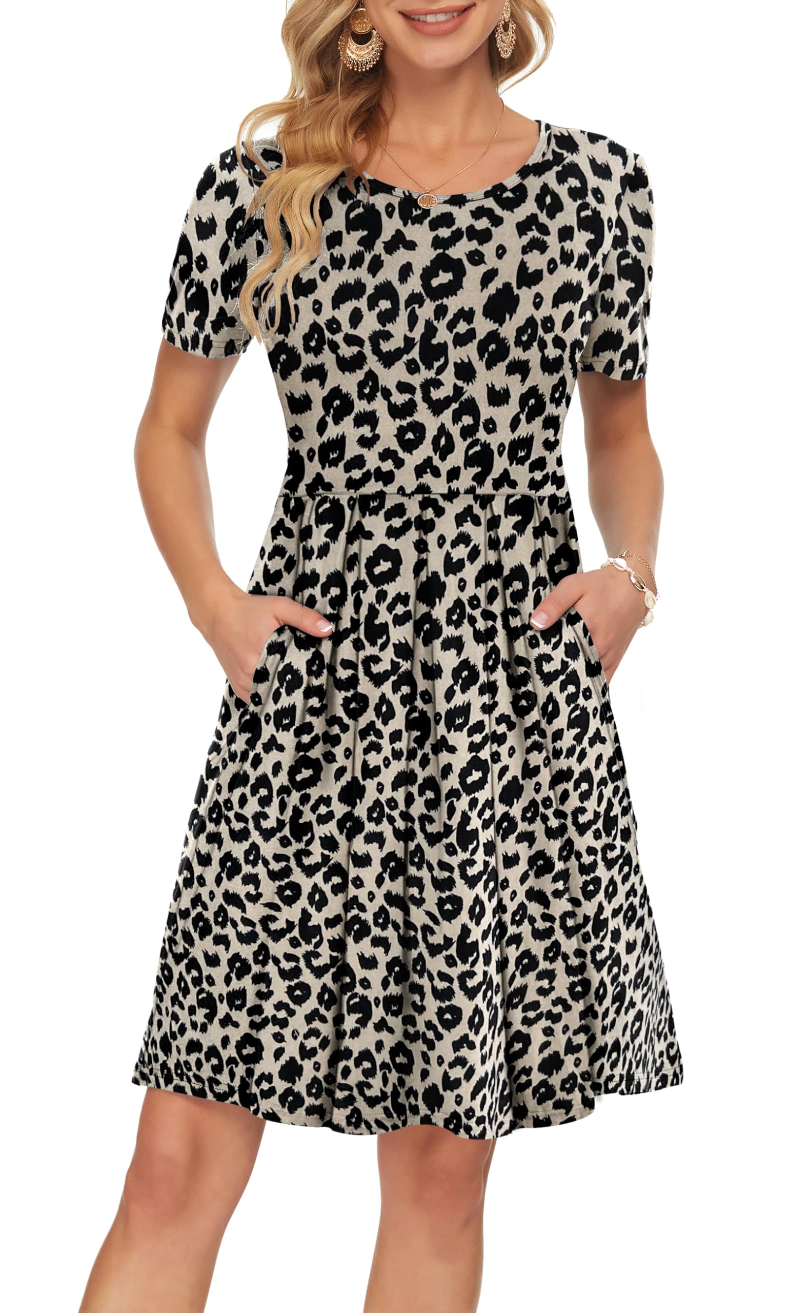 Sylphine Damenkleid – Kurze Ärmel, Weite Plissierte Passform & Taschen Knielang
