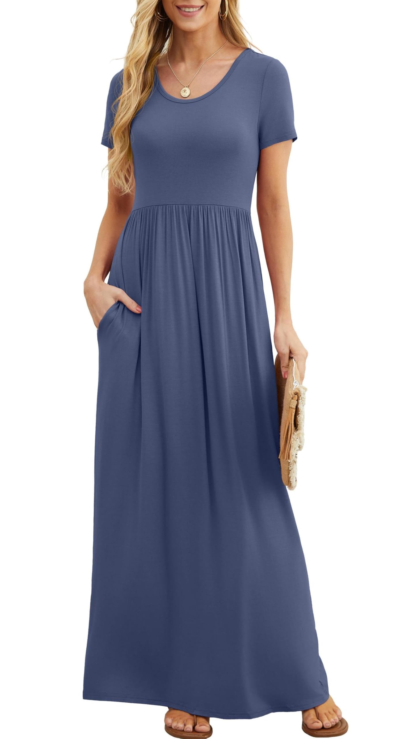 Bridget Maxikleid für Damen – Rundhalsausschnitt Uni, Fließender Schnitt & Hohe Taille mit Taschen Sommer