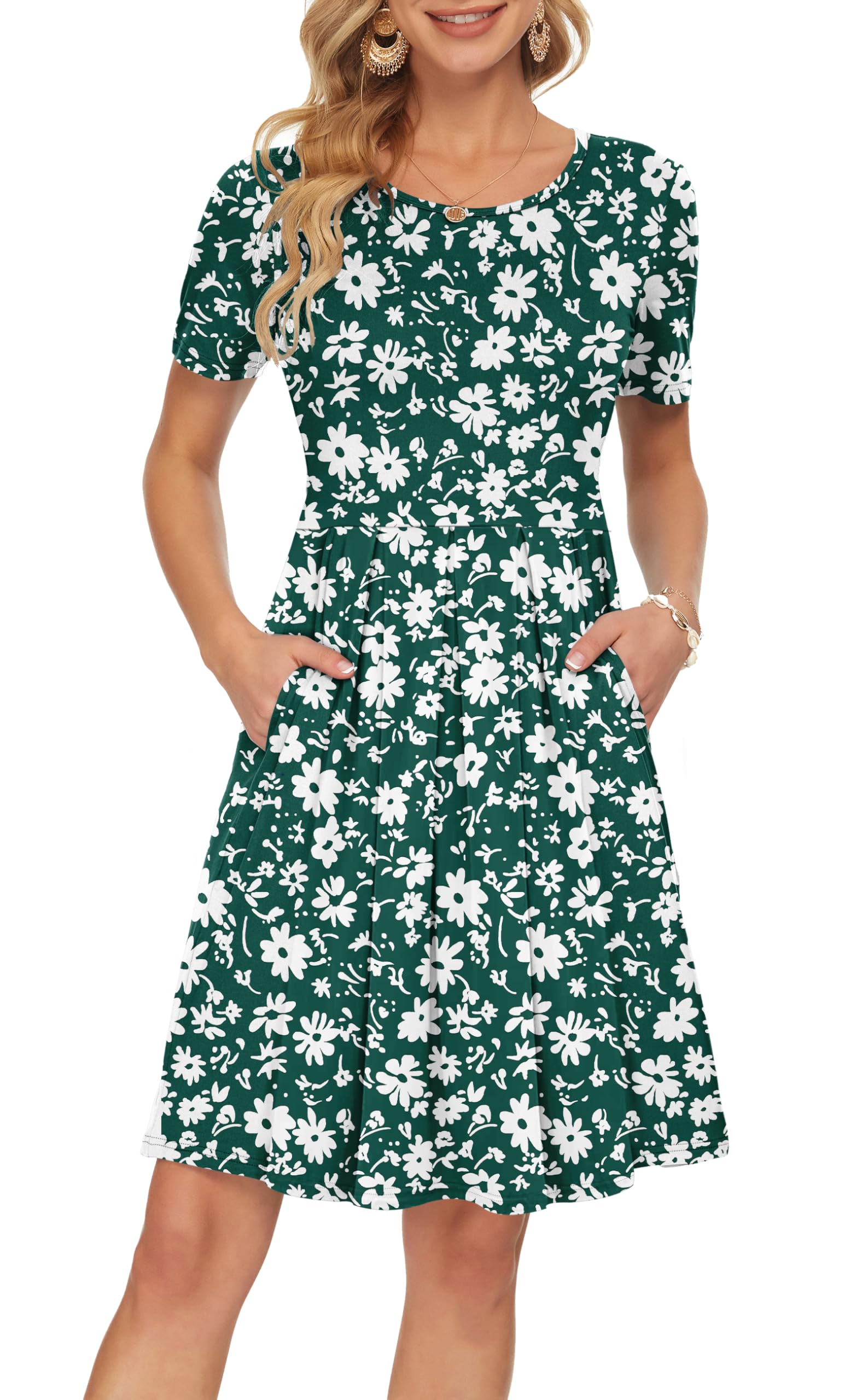 Sylphine Damenkleid – Kurze Ärmel, Weite Plissierte Passform & Taschen Knielang