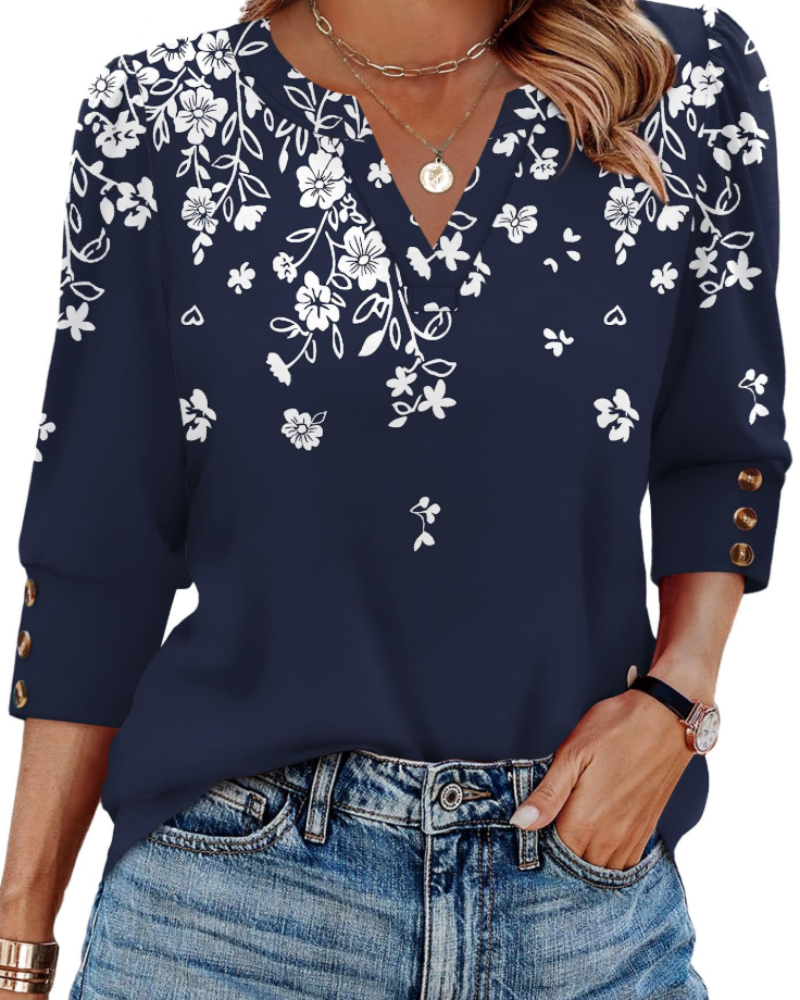Zeline Damesblouse – Top met V-hals, 3/4 mouwen, knopen en zakelijke casual stijl