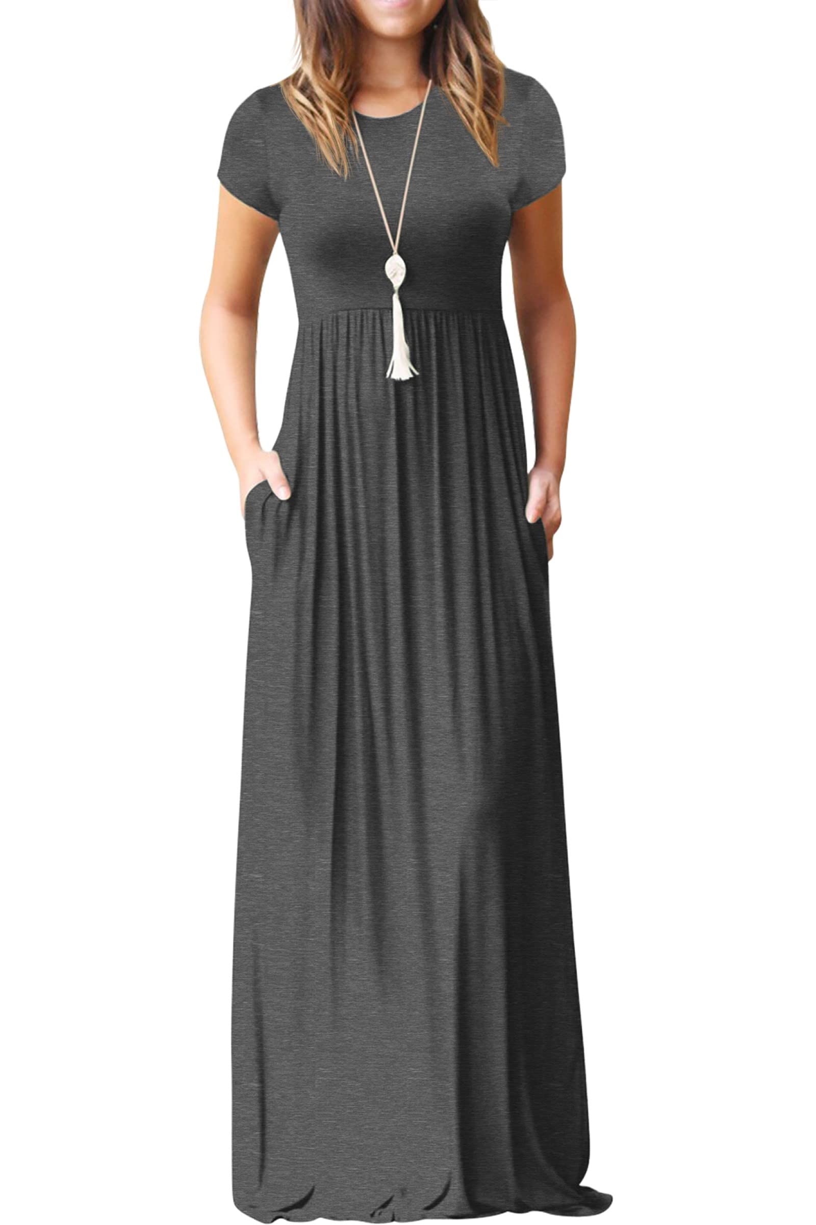 Bridget Maxikleid für Damen – Rundhalsausschnitt Uni, Fließender Schnitt & Hohe Taille mit Taschen Sommer