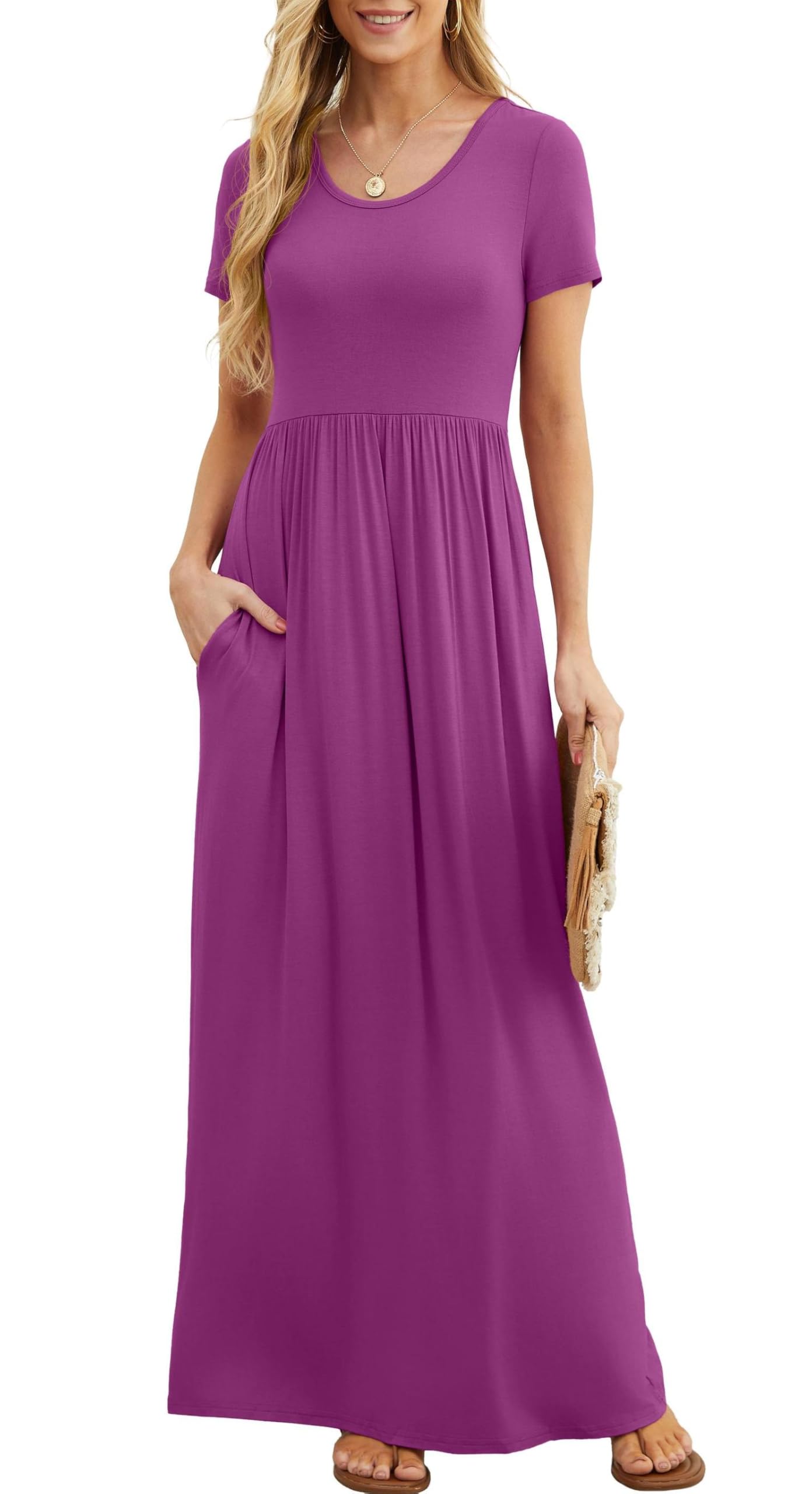 Bridget Maxikleid für Damen – Rundhalsausschnitt Uni, Fließender Schnitt & Hohe Taille mit Taschen Sommer