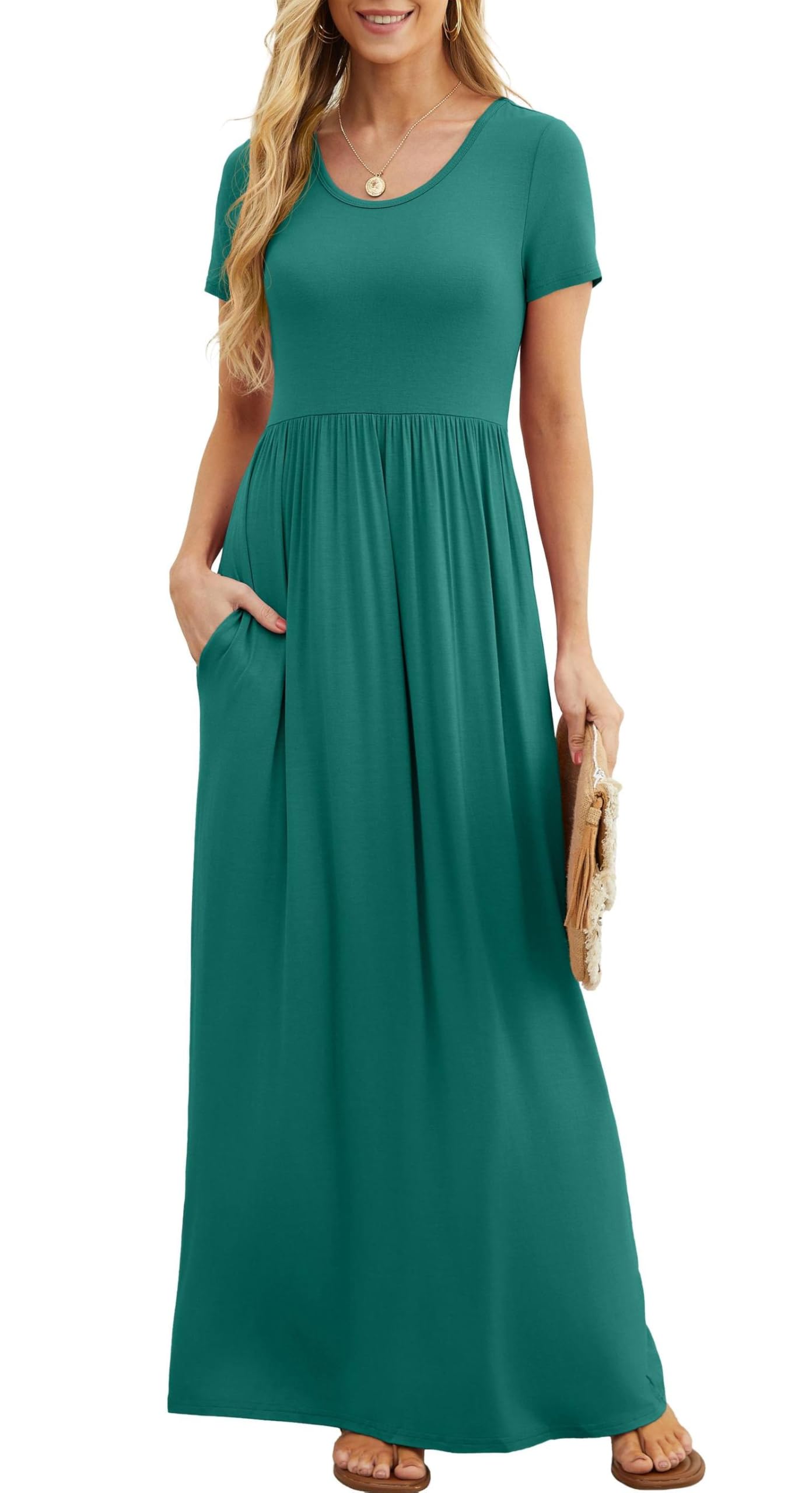 Bridget Maxikleid für Damen – Rundhalsausschnitt Uni, Fließender Schnitt & Hohe Taille mit Taschen Sommer
