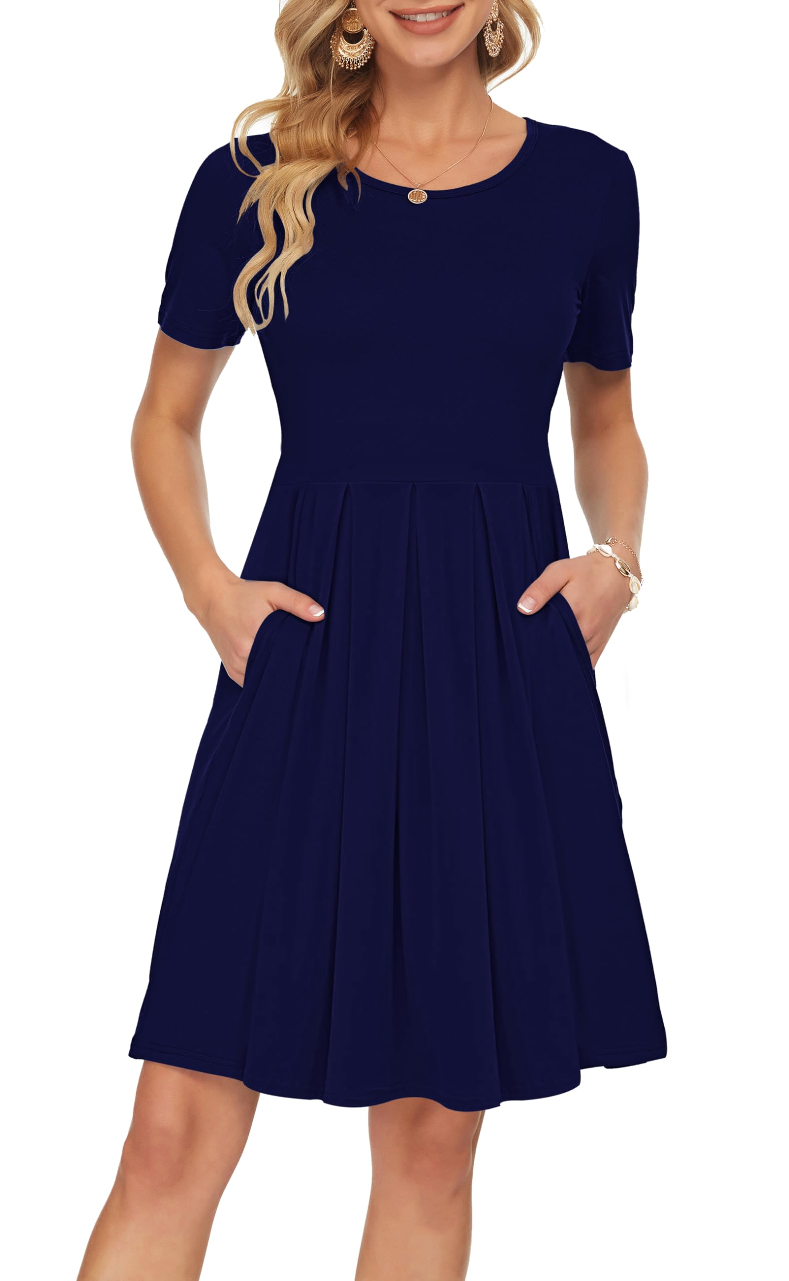 Sylphine Damenkleid – Kurze Ärmel, Weite Plissierte Passform & Taschen Knielang
