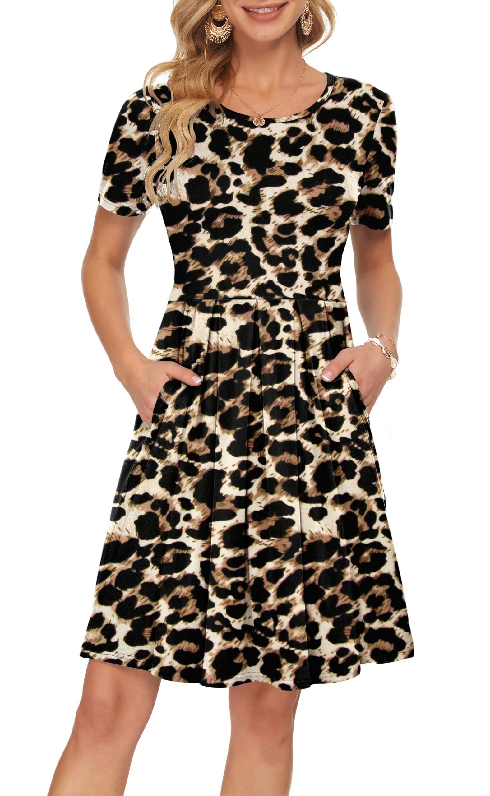 Sylphine Damenkleid – Kurze Ärmel, Weite Plissierte Passform & Taschen Knielang