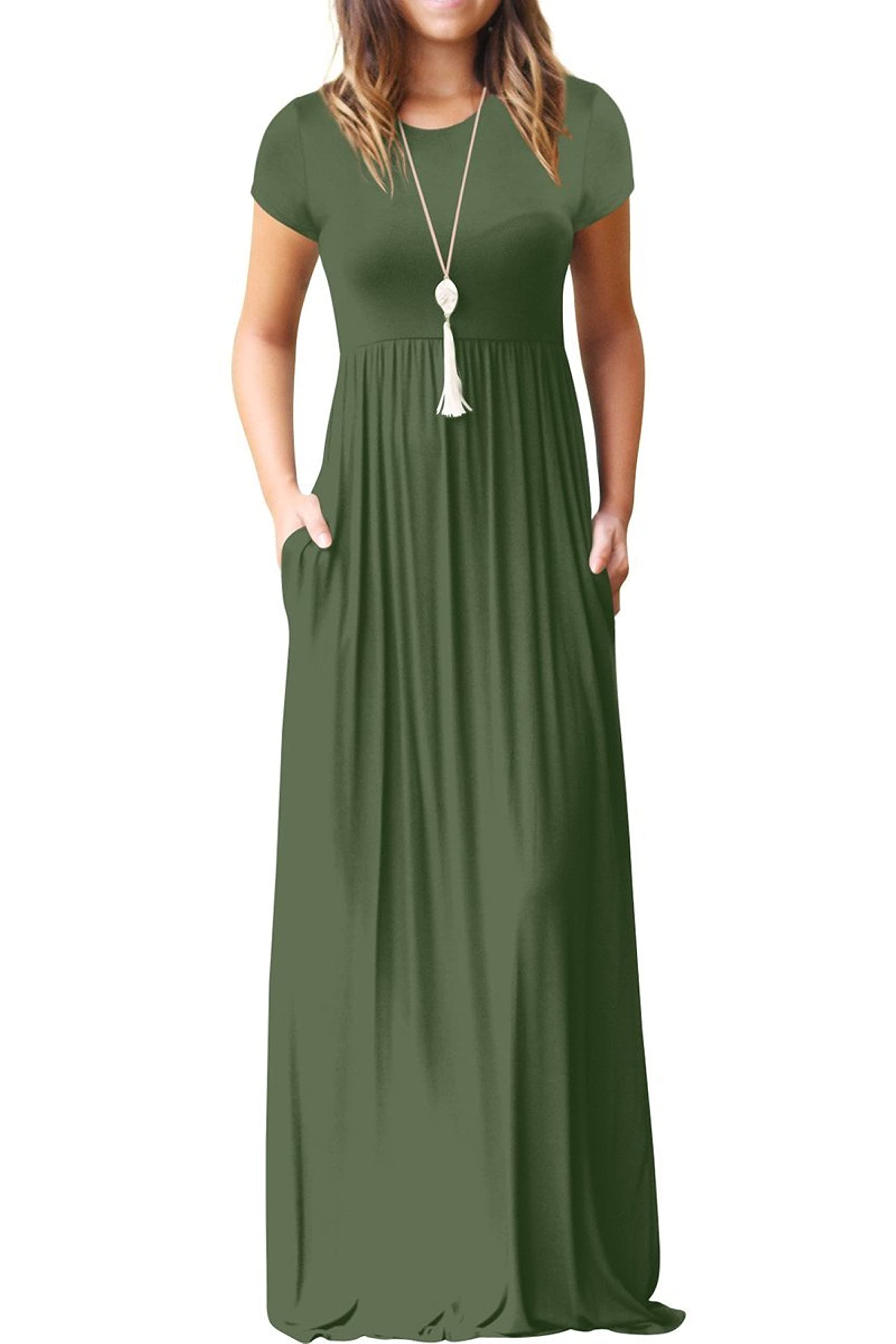 Bridget Maxikleid für Damen – Rundhalsausschnitt Uni, Fließender Schnitt & Hohe Taille mit Taschen Sommer
