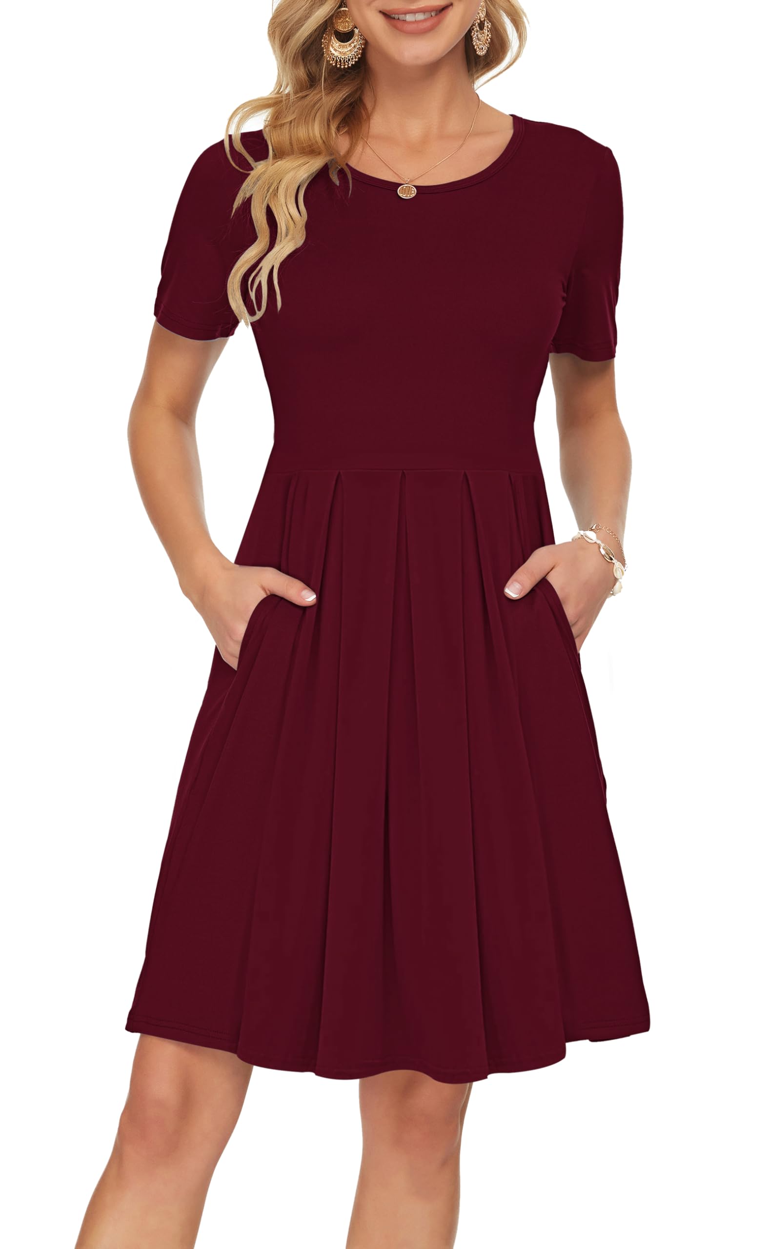 Sylphine Damenkleid – Kurze Ärmel, Weite Plissierte Passform & Taschen Knielang