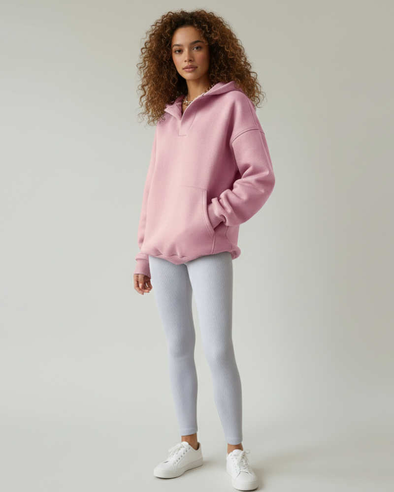 Bluza z kapturem Gianna damska oversize z dekoltem w serek – nowoczesna, komfortowa polarowa bluza z kapturem