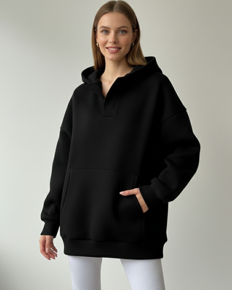 Bluza z kapturem Gianna damska oversize z dekoltem w serek – nowoczesna, komfortowa polarowa bluza z kapturem