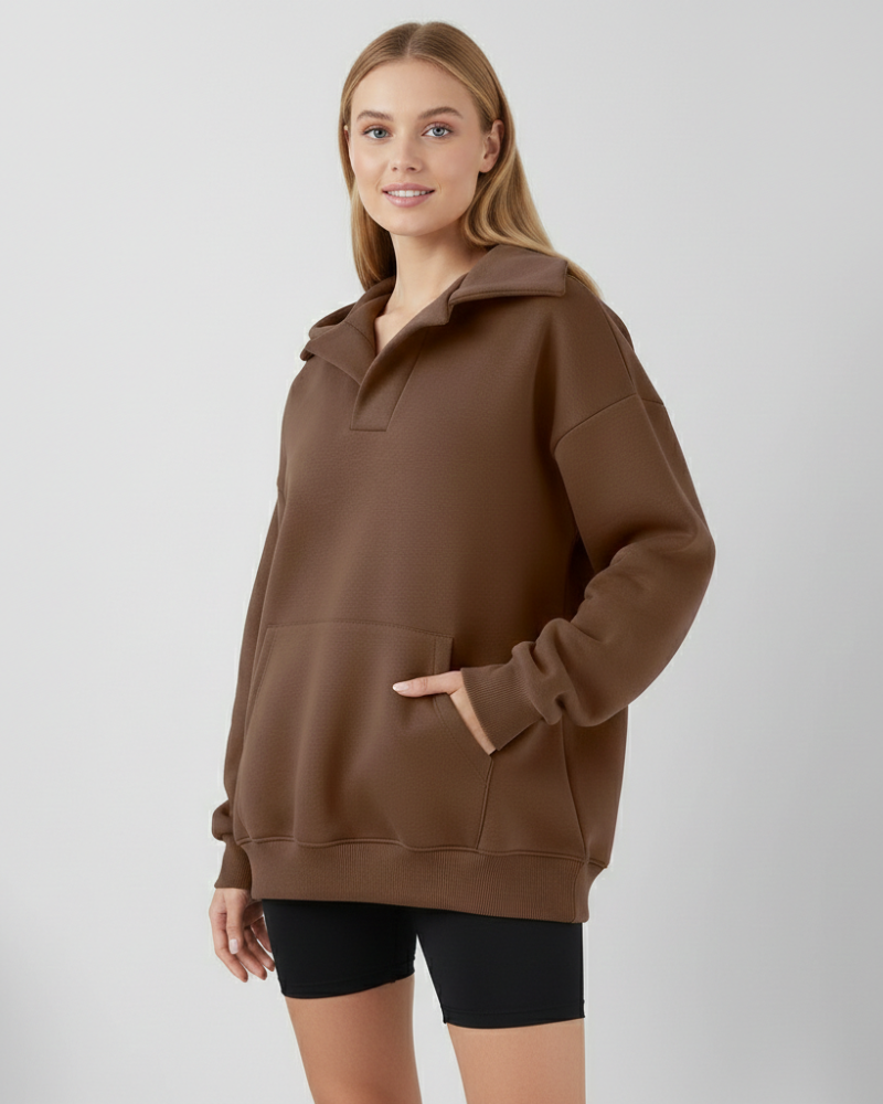 Bluza z kapturem Gianna damska oversize z dekoltem w serek – nowoczesna, komfortowa polarowa bluza z kapturem