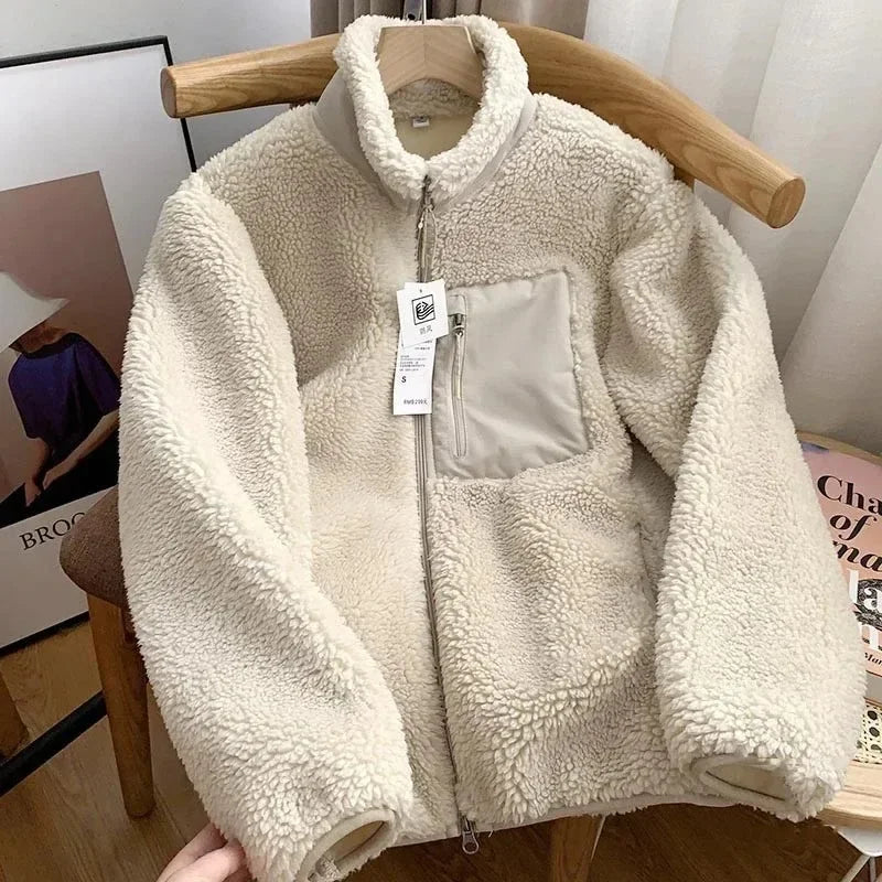 Lily Teddy Damesjas – Warme Jas met Hoge Kraag, Ritssluitingen en Losse Pasvorm