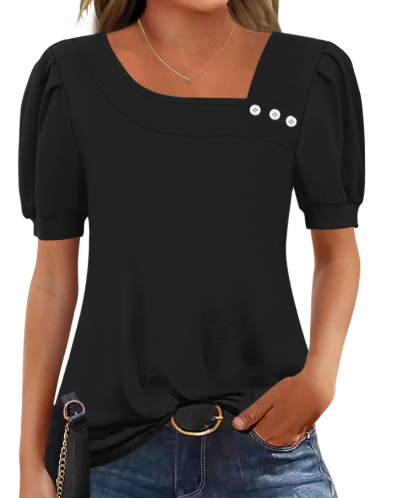 Samira Top Femme – Aszimmetrikus négyzetnyakú, gombos blúz, elegáns rövid ujjakkal