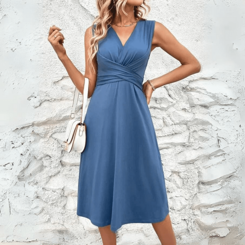 Saphira Robe Midi Femme – Sommerkjole med talje og V-hals og komfort uden ærmer
