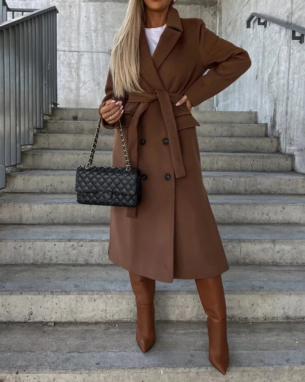 Talia Lange Damesmantel – Elegante Wintertrench met Riem & Warme Voering