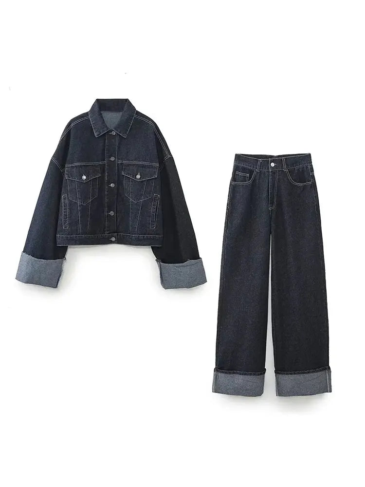 Bea Ensemble Denim Femme – Jachetă scurtă & blugi largi cu revere contrastante pentru un look la modă