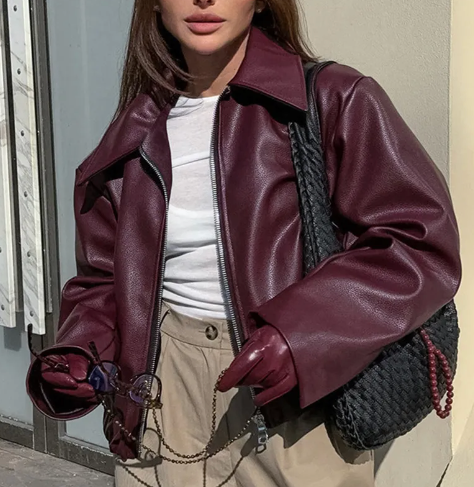 Celeste Veste Bomber Femei din Piele Ecologică – Croială Oversize La Modă cu Guler Clasic
