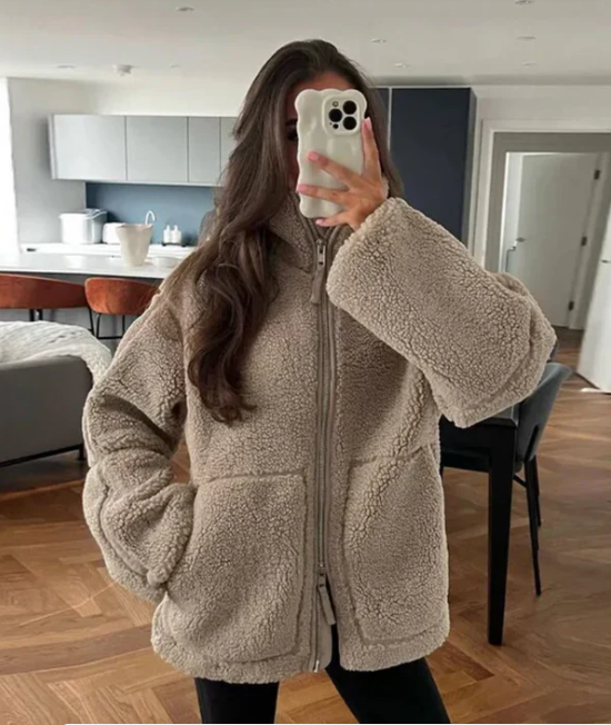 Fely Teddy Jas Dames – Warme Oversized Jas met Hoge Kraag & Ultra Zacht Stof