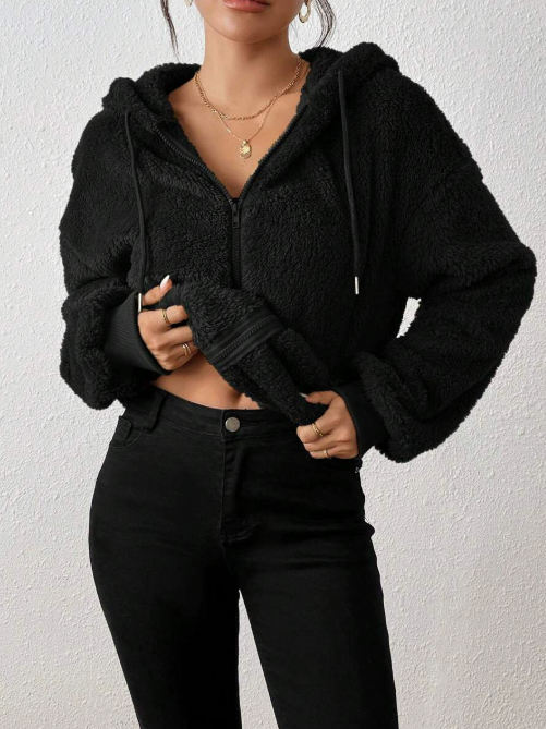 Adelyn Veste Femme – Cardigan na zip s kapucí z měkkého a teplého plyše na podzim/zimu