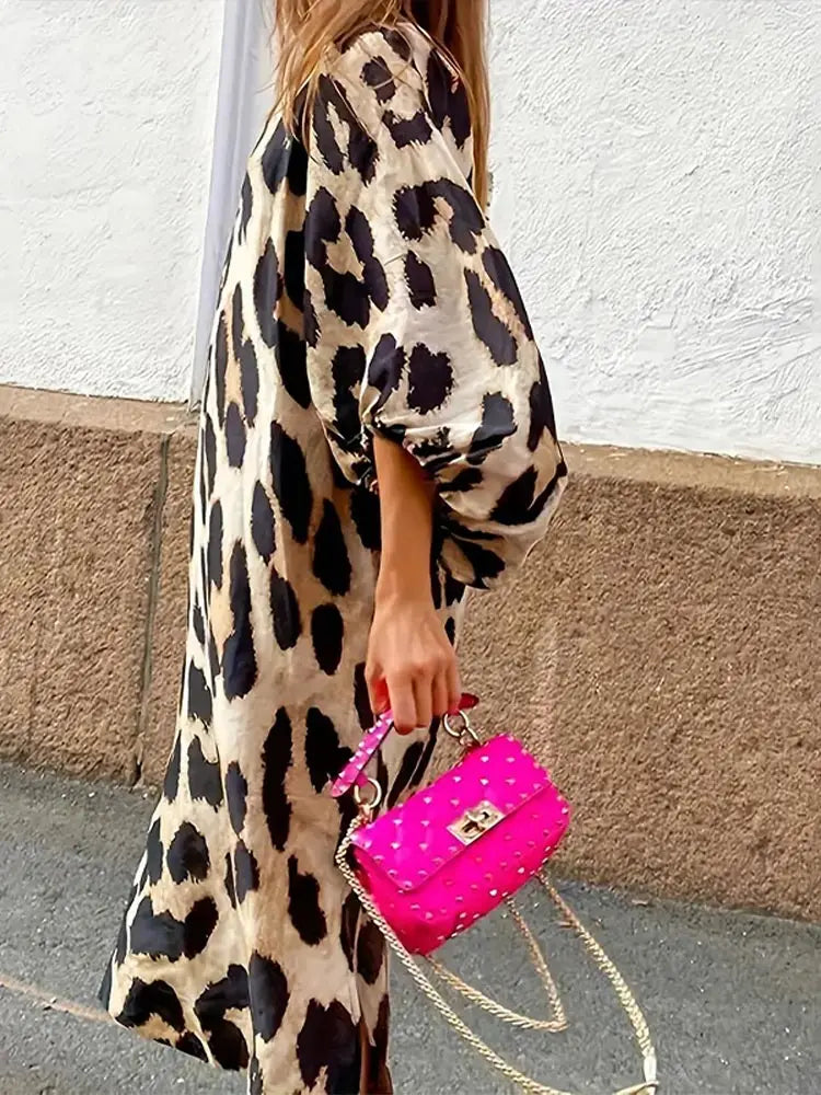 Amora haljina srednje duljine za žene – lagana haljina s uzorkom leoparda, s rukavima tri četvrtine i širokim krojem za sve prilike