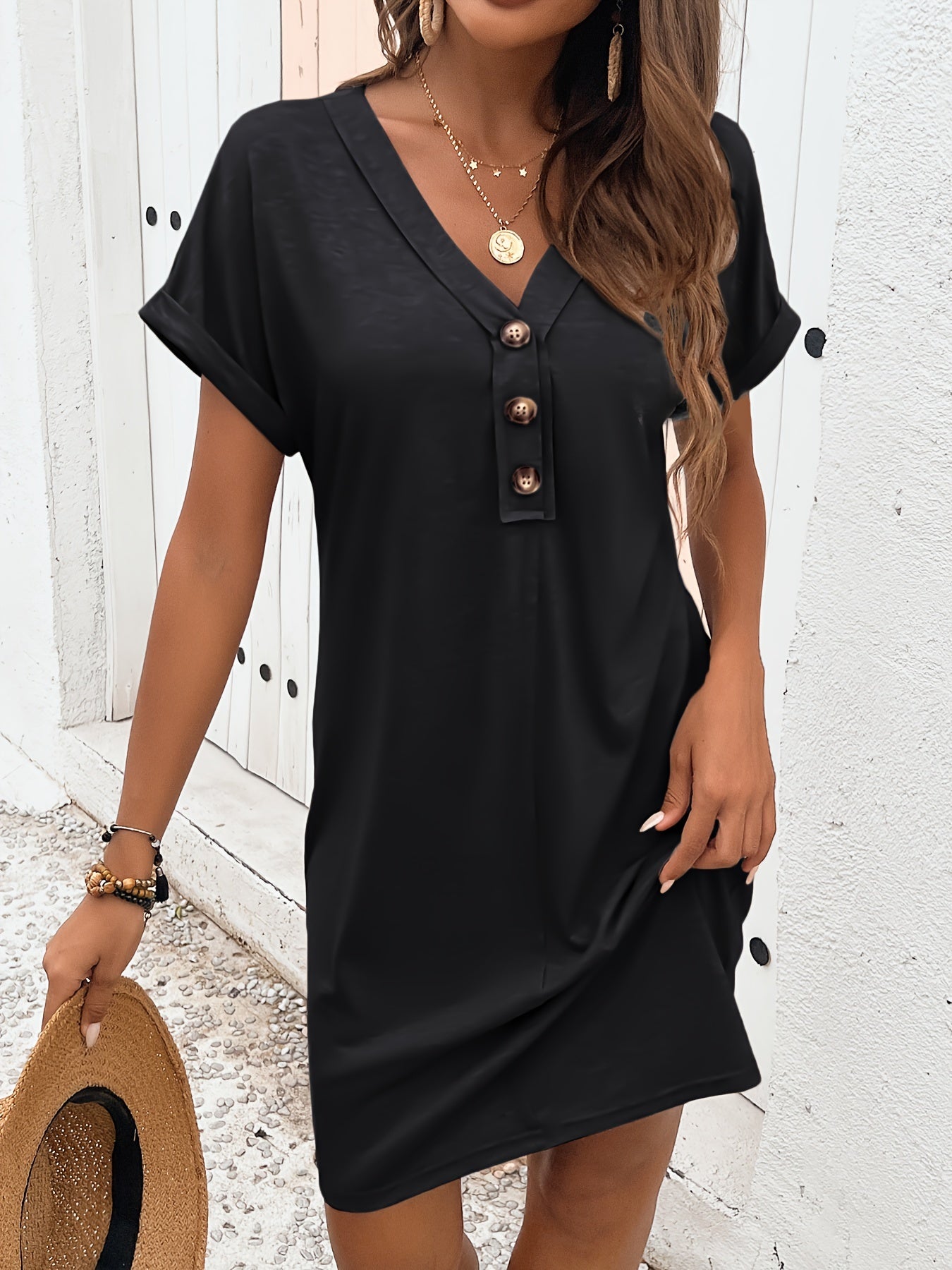 Solessa Halflange Damesjurk – Lichtgewicht Zomerjurk met Knopen & Elegante Vloeiende Snit